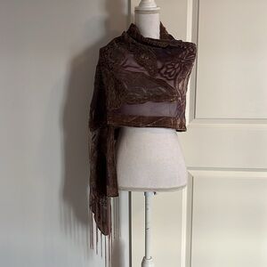 Christina Lee Butterfly Print Sheer Scarf with Velvet and Fringe